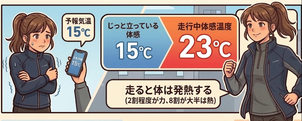予報気温15℃を見て寒そうに身構える人と、実際に走ると体感温度が23℃まで上がり薄着で走れることを対比したイラスト