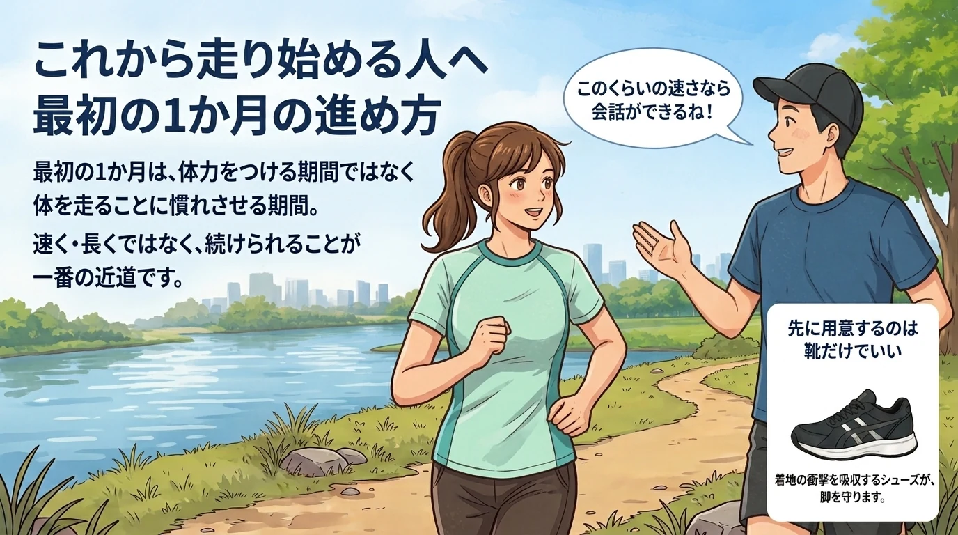 これから走り始める人へ最初の1か月の進め方のイラスト。会話ができるくらいの速さで走る二人が話している様子と、先に用意するのはシューズだけでいいという案内