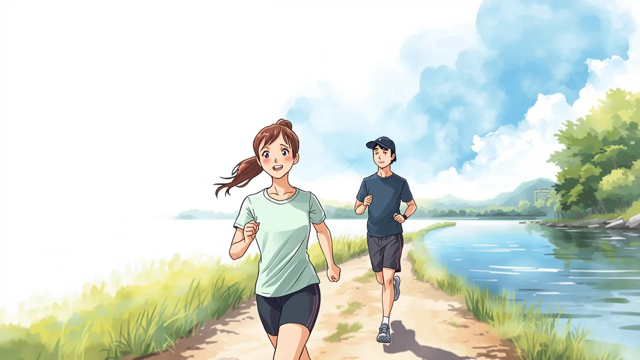 川沿いの道を並んで走る二人のイラスト。笑顔で話しながら走れるくらいの、余裕のある速さを表している