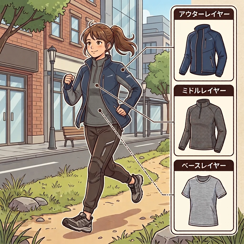 ランニング中の3層レイヤリングのイラスト。アウターレイヤーのジャケット、ミドルレイヤーの長袖シャツ、ベースレイヤーのTシャツを、走る人物に重ねて示している