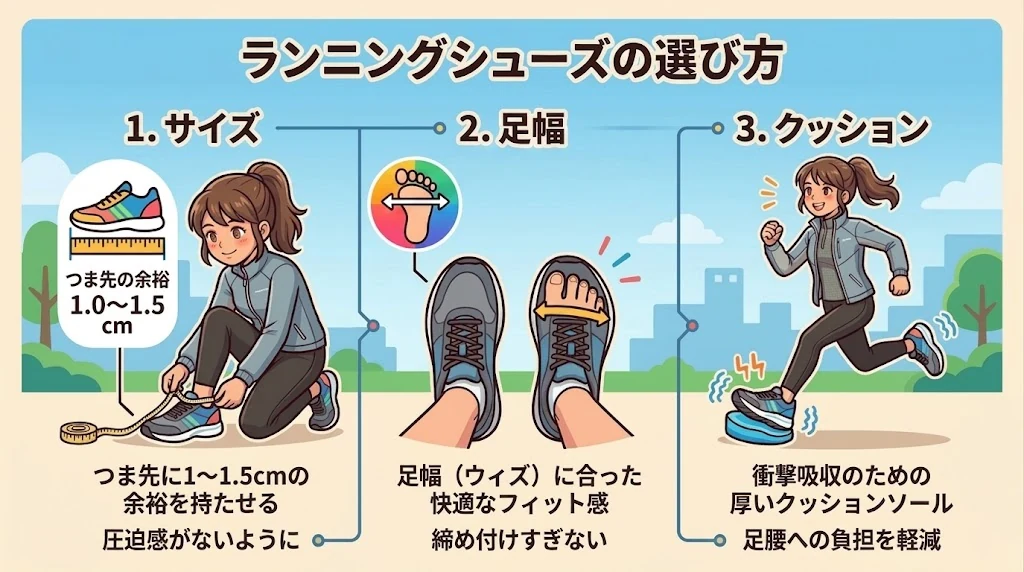 ランニングシューズの選び方3点のイラスト。1.サイズ（つま先に1〜1.5cmの余裕）、2.足幅（締め付けすぎないフィット感）、3.クッション（衝撃吸収の厚いソール）