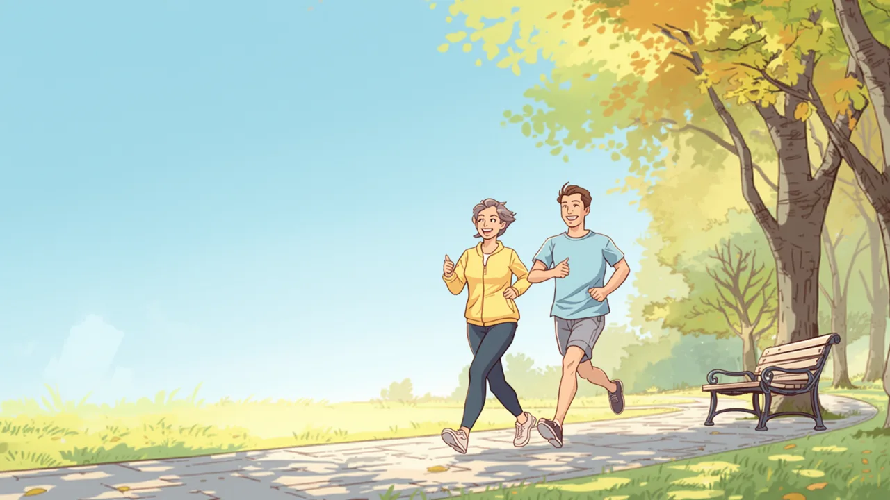 木々の続く公園の道を、並んで軽く走る女性と男性のイラスト。歩く延長で無理なく走り出す様子を表している